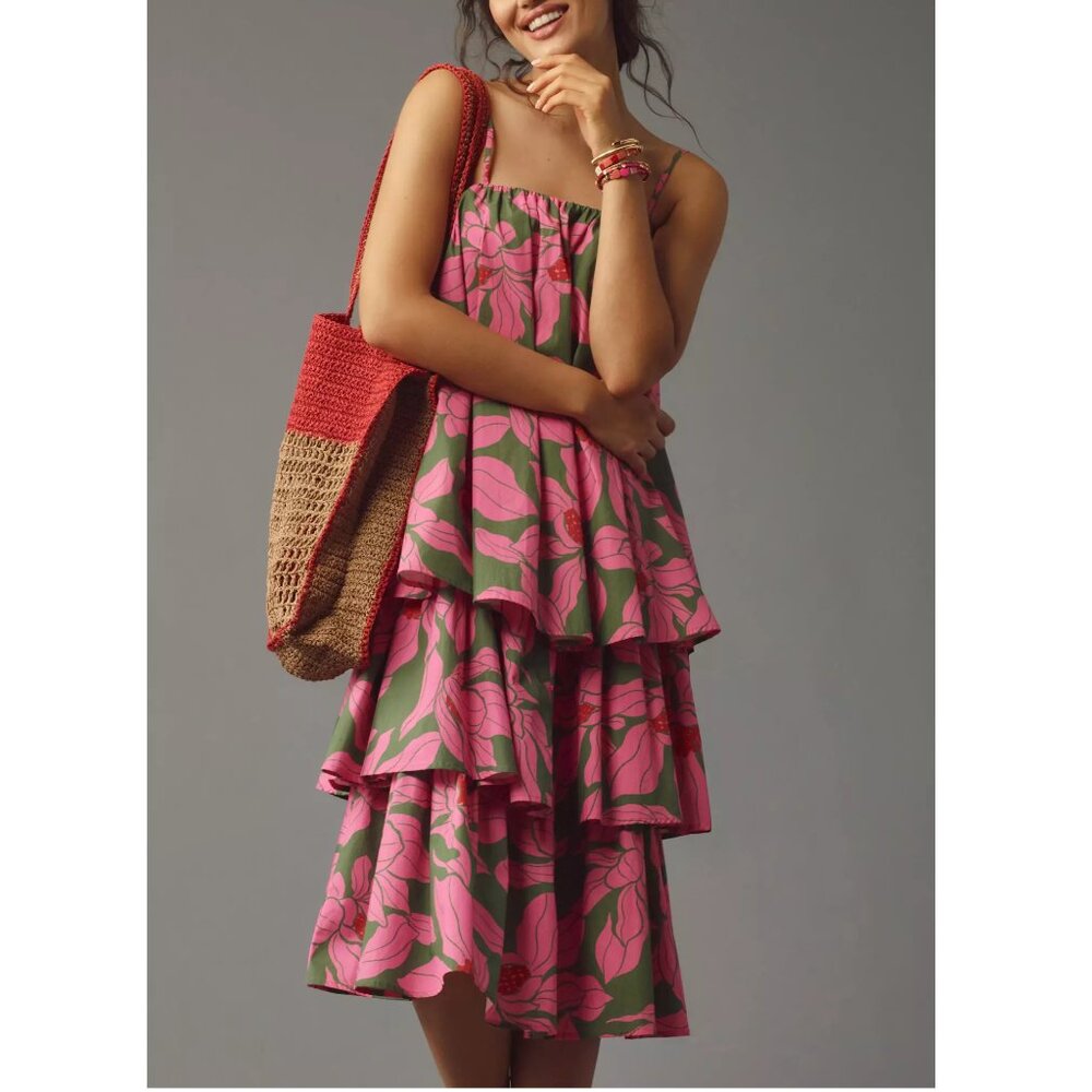 Corey Lynn Calter Tie-Shoulder Tiered Midi Dress Hawaiian Floral XLP XL Petite